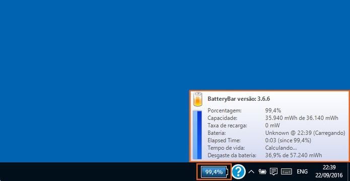 Ícone com a porcentagem da bateria será mostrado na barra de tarefas do Windows 10 (Foto: Reprodução/Barbara Mannara)