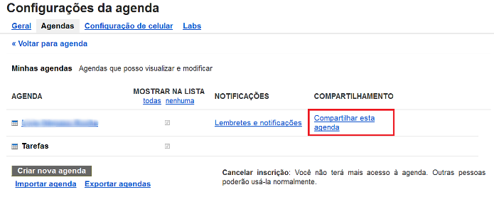 Configurações de compartilhamento do Google Agenda (Foto: Reprodução/Lívia Dâmaso)