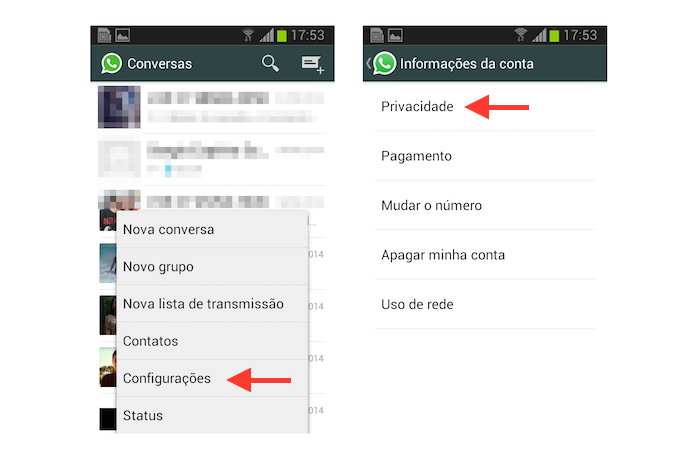 Acessando as configurações de privacidade do WhatsApp no Android (Foto: Reprodução/Marvin Costa)