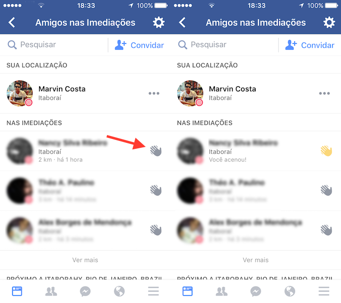 Opção para enviar uma saudação para um amigo que está nas imediações no Facebook para iPhone (Foto: Reprodução/Marvin Costa)