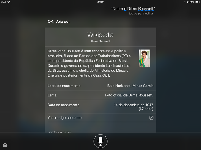 Siri em Português pode ler até artigos da Wikipedia, mas voz robótica atrapalha (Foto: Reprodução/Elson de Souza)