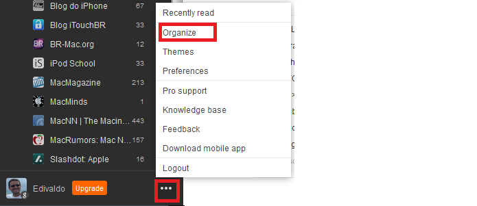 Acessando a opção Organize do Feedly (Foto: Reprodução/Edivaldo Brito)