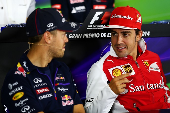 Sebastian Vettel e Fernando Alonso na coletiva do GP da Espanha (Foto: Getty Images)