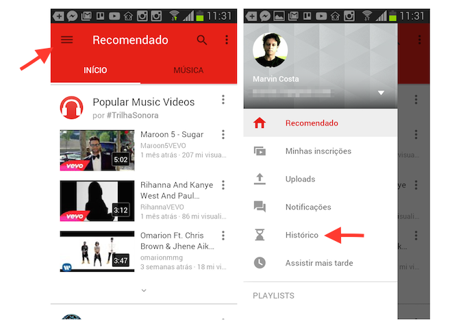 Acessando a página de histórico de vídeos assistidos no YouTube através de um dispositivo Android (Foto: Reprodução/Marvin Costa)