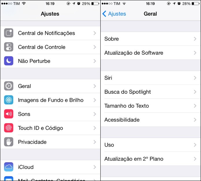 Configurações do iPhone (Foto: Reprodução/Helito Bijora)