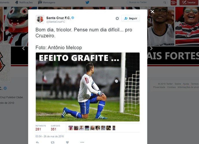 Na internet, Santa Cruz provoca o Cruzeiro após goleada em Recife (Foto: Reprodução / Twitter) Na internet, Santa Cruz provoca o Cruzeiro após goleada em Recife (Foto: Reprodução / Twitter)