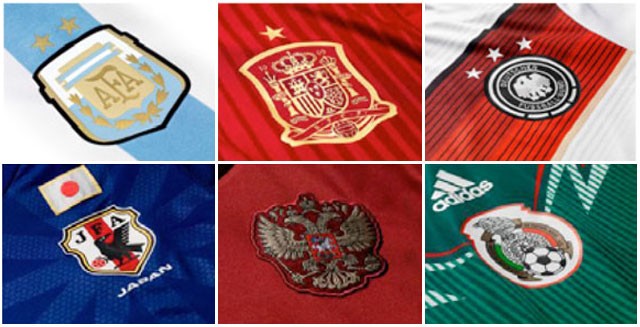 Escudos dos uniformes de Argentina, Espanha, Alemanha, Japão, Rússia e México