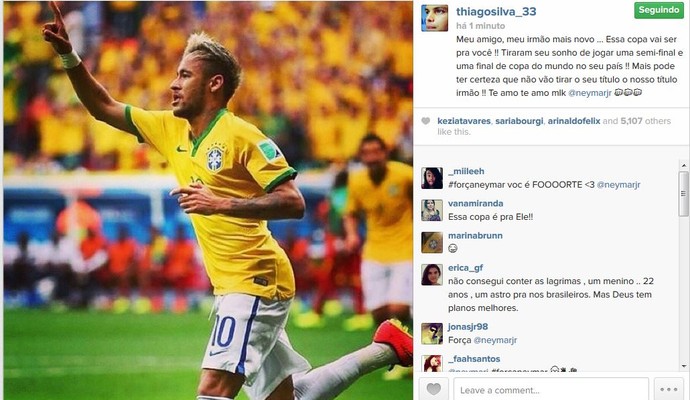 Thiago Silva envia mensagem para Neymar e diz que Copa será para ele (Foto: Reprodução/Instagram)