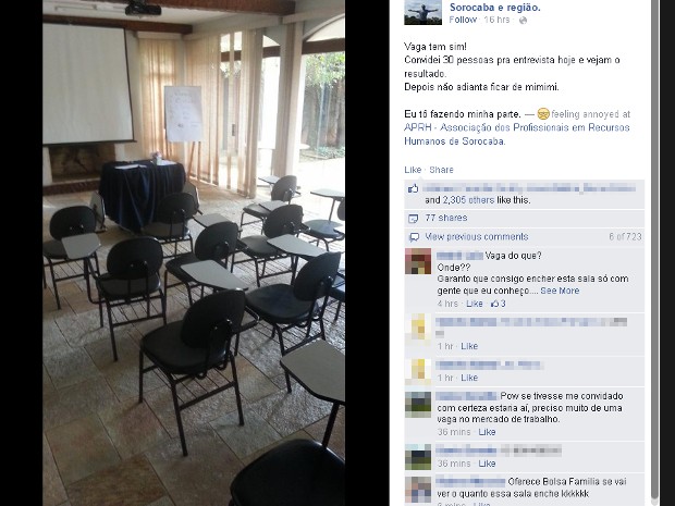 Analista de RH postou foto de sala vazia na internet (Foto: Reprodução/Facebook)