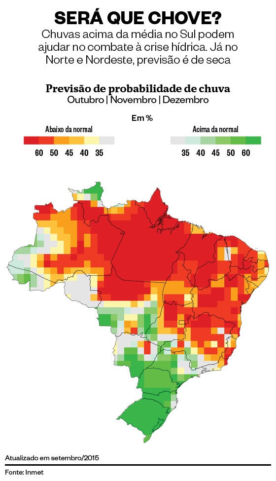Regiões pintadas de verde tem previsão de chuva acima da média histórica, enquanto as áreas em vermelho devem ter chuvas abaixo do normal. Quanto mais forte a cor, maior a probabilidade da projeção se confirmar (Foto: Giovana Tarakdjian)