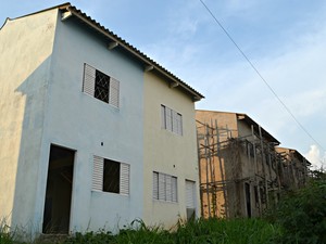 Algumas casas foram concluídas, mas o capim e os vandâlos invadiram o local (Foto: Aline Nascimento/G1)