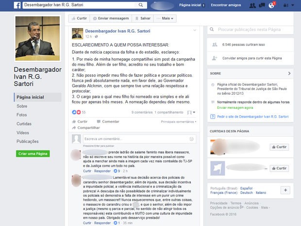 Desembargador Ivan Sartori recebe críticas e elogios em sua página no Facebook; magistrado rebateu comentários contrários à sua decisão de ter anulado o caso do 'massacre do Carandiru' e ter pedido absolvição dos 74 PMs condenados por 77 das 111 mortes de presos (Foto: Reprodução / Facebook)