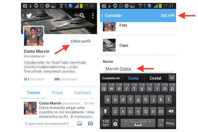 Alterando o nome de exibição de um usuário do Twitter no Android (Foto: Reprodução/Marvin Costa)