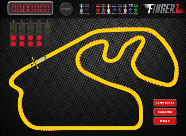 Tela inicial do game Finger1, que coloca você no controle de um carro de F1 com a ponta do dedo (Foto: Reprodução)