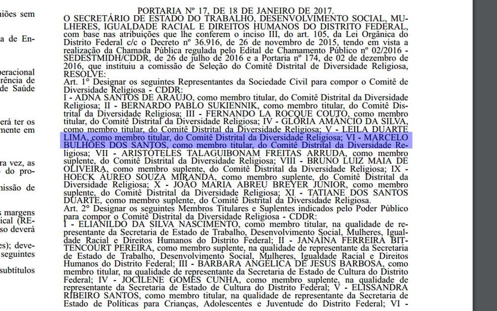 Trecho do diário oficial trazendo nomeação de Marcelho Bulhões no conselho distrital (Foto: Reprodução)