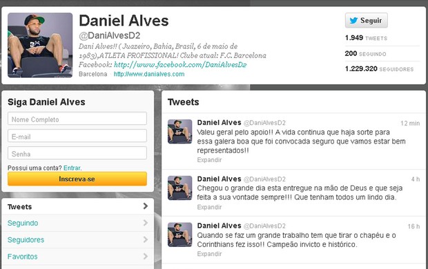 Twitter do Daniel Alves, convocação (Foto: Reprodução / Twitter)