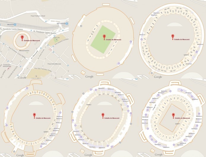 O Estádio do Maracanã visto no mapa da cidade e, aumentando o zoom, os cinco diferentes pisos do planta baixa (Foto: Reprodução/Paulo Finotti)