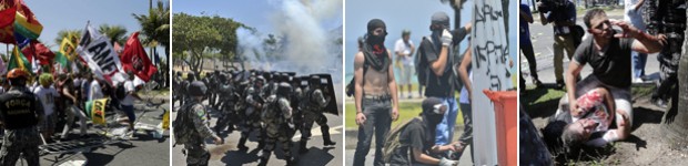 Força Nacional volta a usar bomba contra grupo antes de leilão do pré-sal; AO VIVO (Força Nacional volta a usar bomba contra grupo antes de leilão do pré-sal; AO VIVO (Força Nacional volta a usar bomba contra grupo antes de leilão do pré-sal; AO VIVO (Christophe Simon/AFP; Reprodução/GloboNews; Wilton Junior/Estadão Conteúdo)))