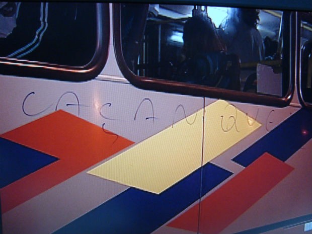 Manifestantes chegaram a pichar os ônibus com canetas (Foto: Reprodução/TV Tem)