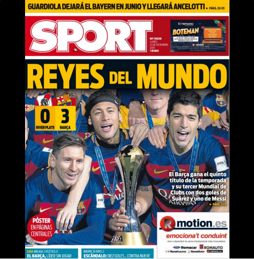 Capa jornal Sport Barcelona campeão do mundo