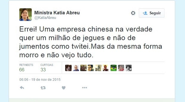 Katia Abreu informou que empresa chinesa quer importar 1 milhão de jegues do Brasil (Foto: Reprodução/Twitter)