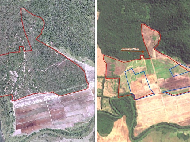 À esquerda, área em 2010; à direita a marcação azul mostra a área que seria autorizada para desmate (Foto: Divulgação/Secretaria de Meio Ambiente do Estado)