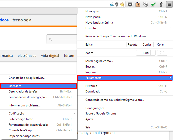 Acesse as extensões do Chrome (Foto: Reprodução/Paulo Alves) (Foto: Acesse as extensões do Chrome (Foto: Reprodução/Paulo Alves))