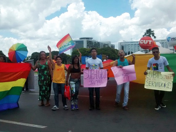 Ativistas LGBT em protesto no Eixo Monumental contra extinção de subpasta voltada para o grupo  (Foto: Isabella Calzolari/G1)