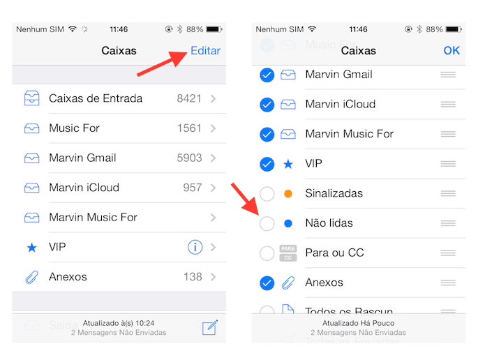 Visualizando as opções de caixa de e-mail sugeridas pelo Mail do iOS (Foto: Reprodução/Marvin Costa)
