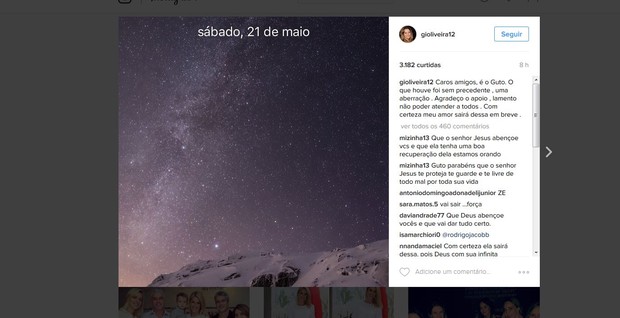 Gustavo Correa, cunhado de Ana Hickmann, faz post no perfil da mulher, Giovana Oliveira, baleada em atentado contra a apresentadora (Foto: Reprodução/Instagram)