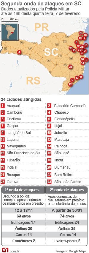 Mapa ataques 7 de fevereiro 17h20 (Foto: Editoria de Arte/G1)