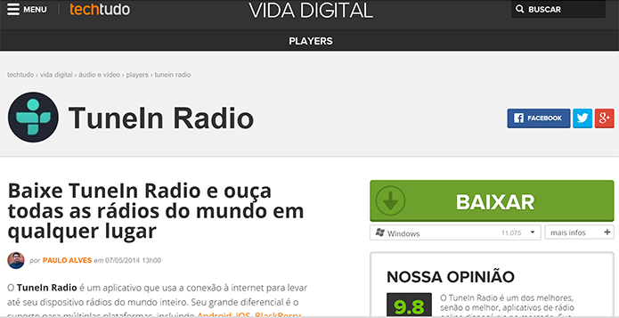 TuneIn universal para Windows 10 pode ser baixado no TechTudo Downloads (Foto: Reprodução/Elson de Souza)