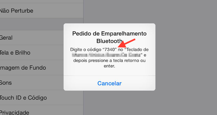 Pedido de emparelhamento Bluetooth do iPad com um teclado sem fio (Foto: Reprodução/Marvin Costa) Pedido de emparelhamento Bluetooth do iPad com um teclado sem fio (Foto: Reprodução/Marvin Costa)