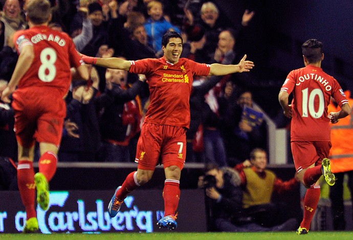 Luis Suarez  comemoração do Liverpool contra o Norwich City (Foto: AP)