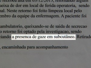 Relatório confirma que gaze foi deixada no abdômen de paciente em Ribeirão Preto, SP (Foto: Reprodução/EPTV) Relatório confirma que gaze foi deixada no abdômen de paciente em Ribeirão Preto, SP (Foto: Reprodução/EPTV)