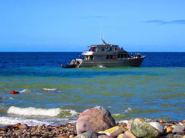 Barco com turistas chega  White Island (Foto: Juliana Cardilli/G1)