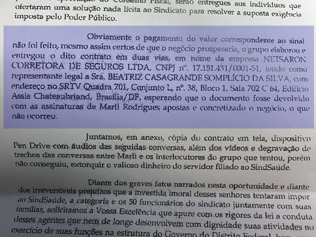 Trecho de denúncia apresentada por Marli Rodrigues ao GDF, em que diz como dinheiro de propina deveria ser depositado (Foto: Reprodução) Trecho de denúncia apresentada por Marli Rodrigues ao GDF, em que diz como dinheiro de propina deveria ser depositado (Foto: Reprodução)