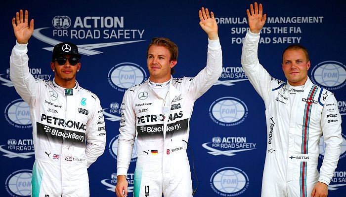 Nico Rosberg, entre Lewis Hamilton e Valtteri Bottas: os três primeiros do treino classificatório para o GP do Japão