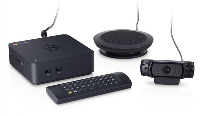 Chromebox da Dell tem versão dedicada a reuniões virtuais, que acompanha câmera, controle e alto-falante com microfone (Foto: Divulgação)