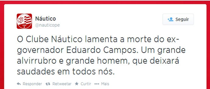 Náutico lamenta a morte de Eduardo Campos (Foto: Reprodução / Twitter)