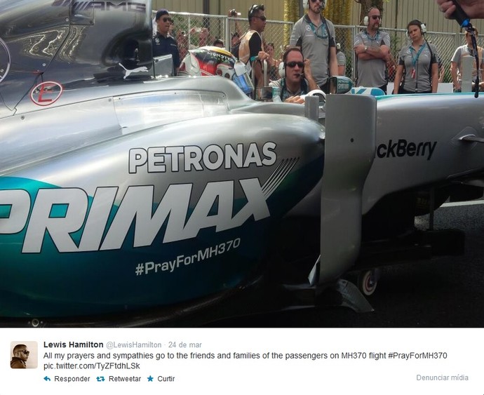 Lewis Hamilton presta homenagens a familiares do voo MH370 da Malásia (Foto: Reprodução/Twitter)