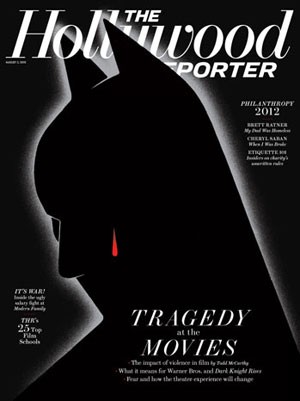 Capa da edição de 3 de agosto da revista americana 'The Hollywood Reporter', que traz o Batman chorando 'lágrima de sangue', em tributo ao massacre nos Estados Unidos (Foto: Reprodução/The Hollywood Reporter)