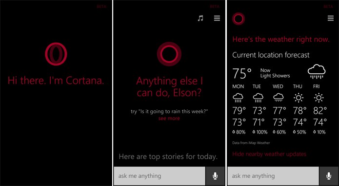 Cortana está presente na atualização, mas precisa que região e idioma do telefone sejam trocados (Foto: Reprodução/Elson de Souza)