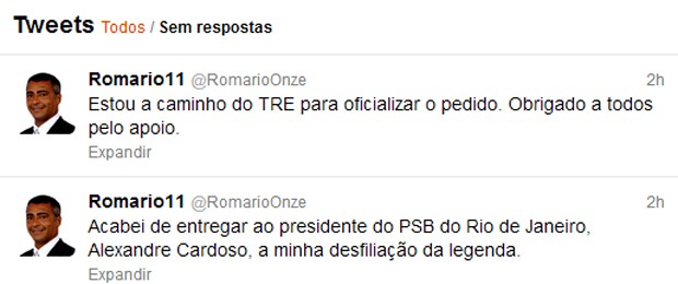 Mensagens postadas pelo deputado Romário no microblog Twitter (Foto: Reprodução)