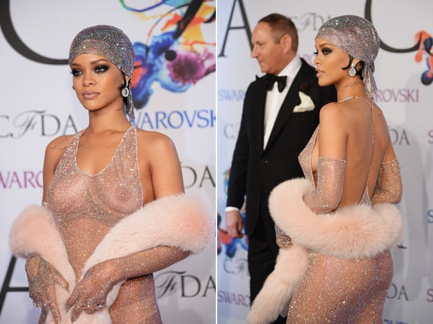 Rihanna posa no tapete vermelho do CFDA Fashion Awards; à direita, cantora ao lado de John Dempsey, presidente da empresa de cosméticos MAC (Foto: Dimitrios Kambouris/Getty Images/AFP)