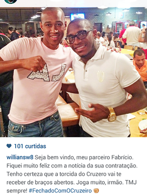 Willians comemora vinda de Fabrício para o Cruzeiro (Foto: Reprodução/Instagram)