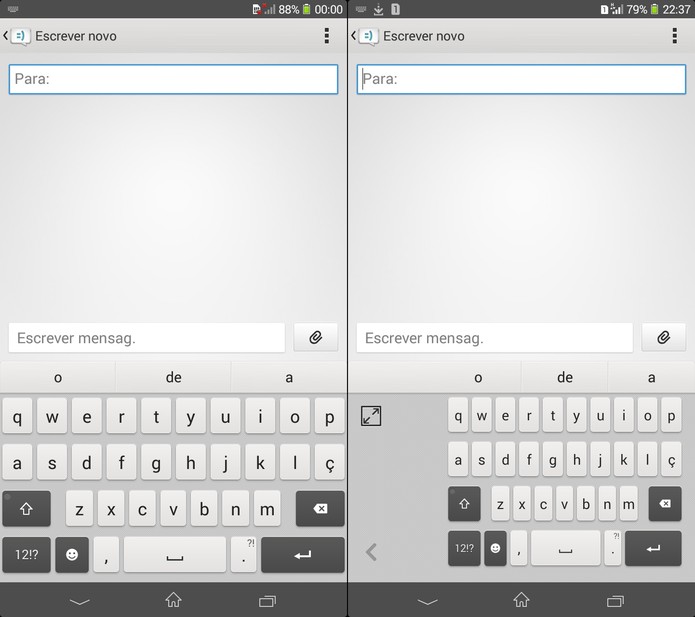 Teclado nativo do Xperia T2 Ultra Dual com visual tradicional ao lado da versão adaptada ao uso com uma só mão (Foto: Reprodução)