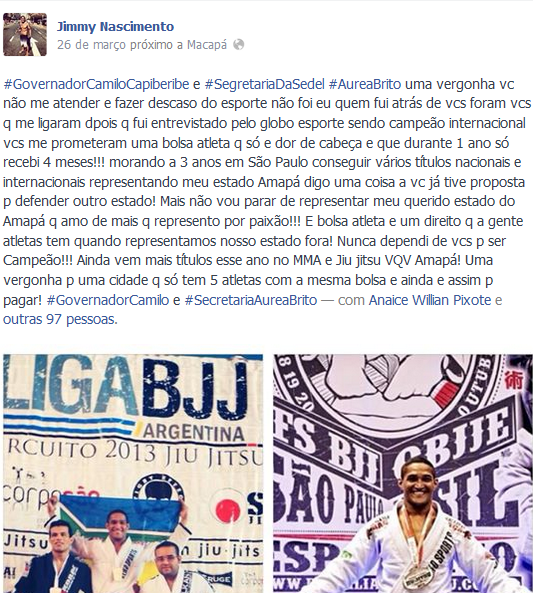 Atleta de MMA desabafa em rede social por falta de apoio do governo (Foto: Reprodução/Facebook)