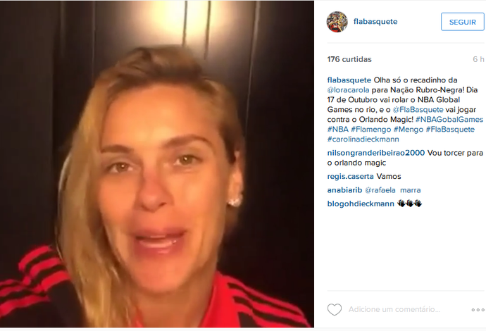 Carolina Dieckman em vídeo postado pelo Flamengo (Foto: Reprodução/Instagram)