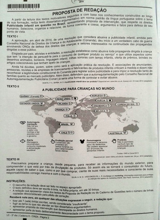 Folha do caderno do Enem com a proposta de redação sobre publicidade infantil (Foto: Reprodução)